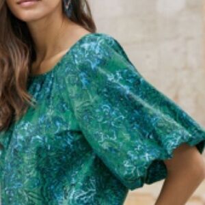 Peruvian Connection Al Fresco Balloon Sleeve Blue Green Turquoise Top Botanical